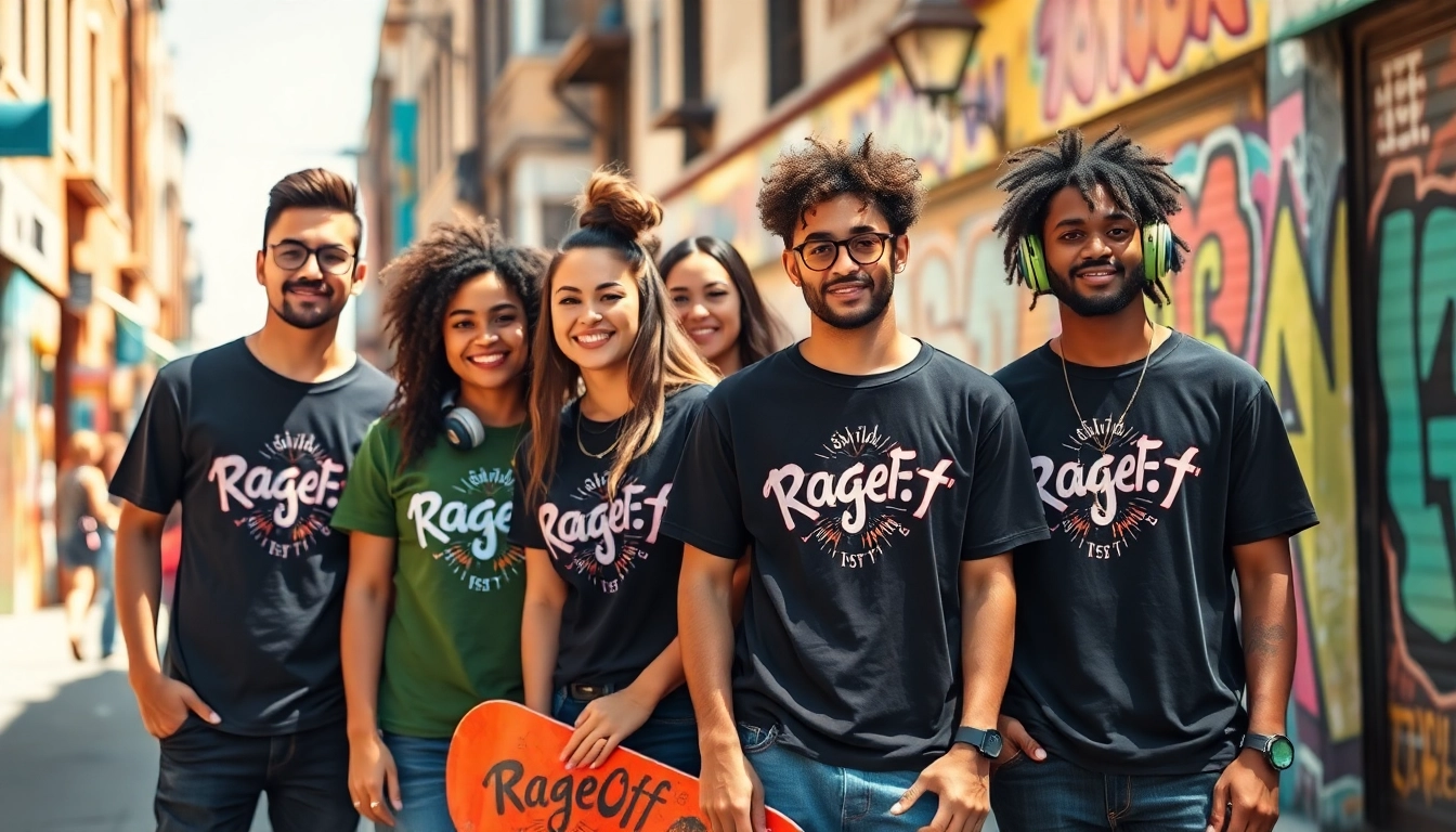 Young adults enjoying urban life in stylish RageOff t-shirts