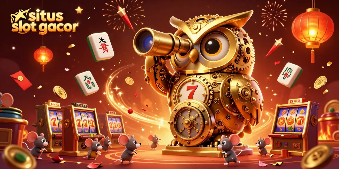 Situs slot gacor brings excitement with a golden owl overseeing thrilling slot games in a vibrant casino scene.