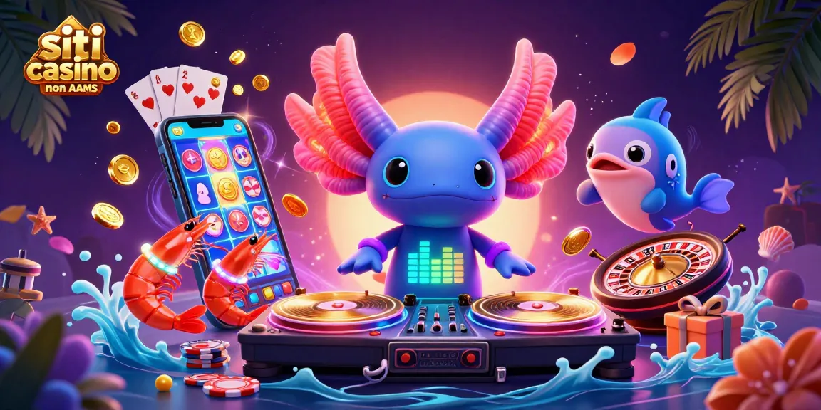 Scopri siti casino non AAMS con divertenti elementi di gioco in un'illustrazione 3D vibrante.
