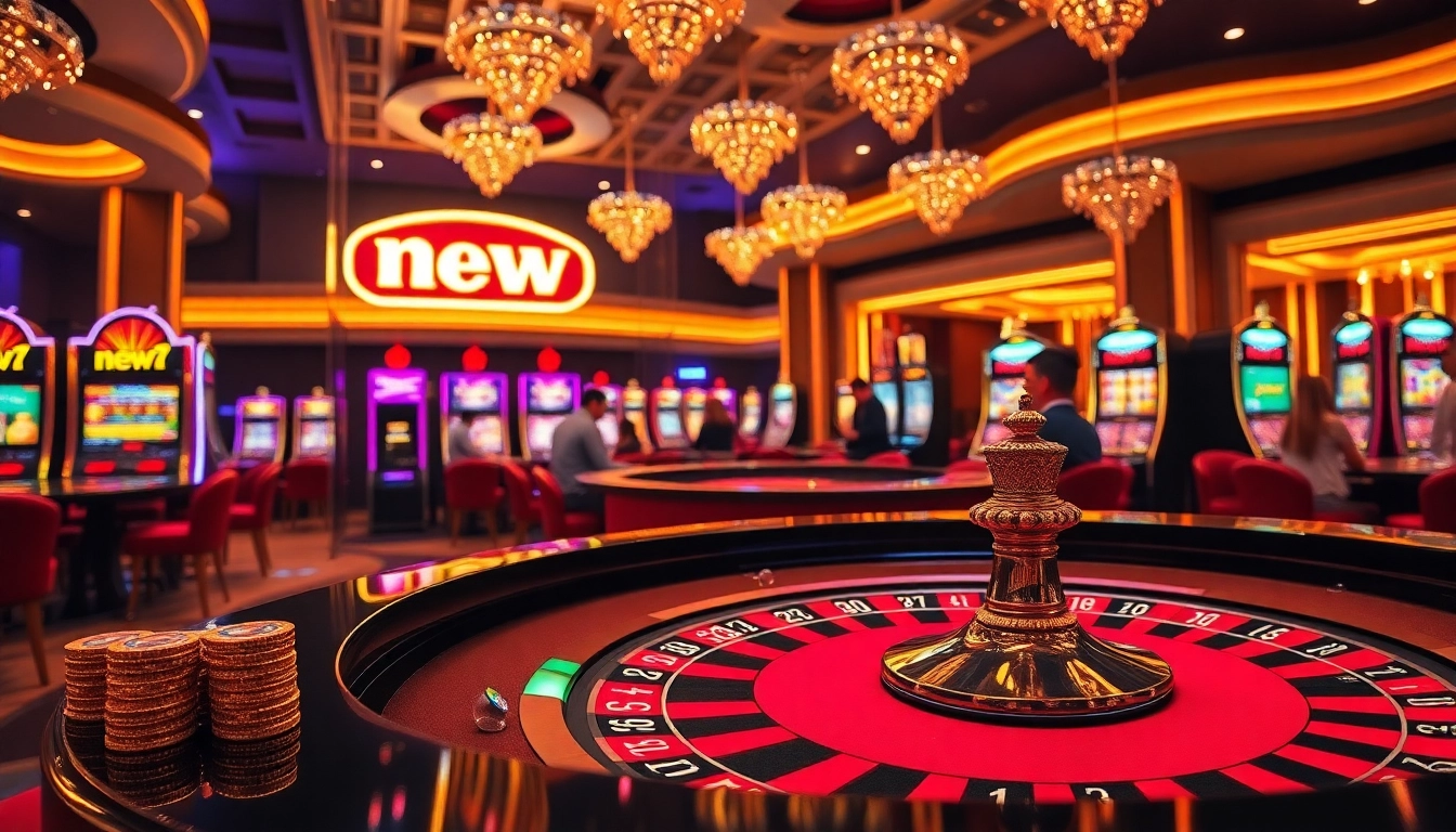 Exciting casino scene featuring new77 slot games with vibrant casino tables and players engaged.