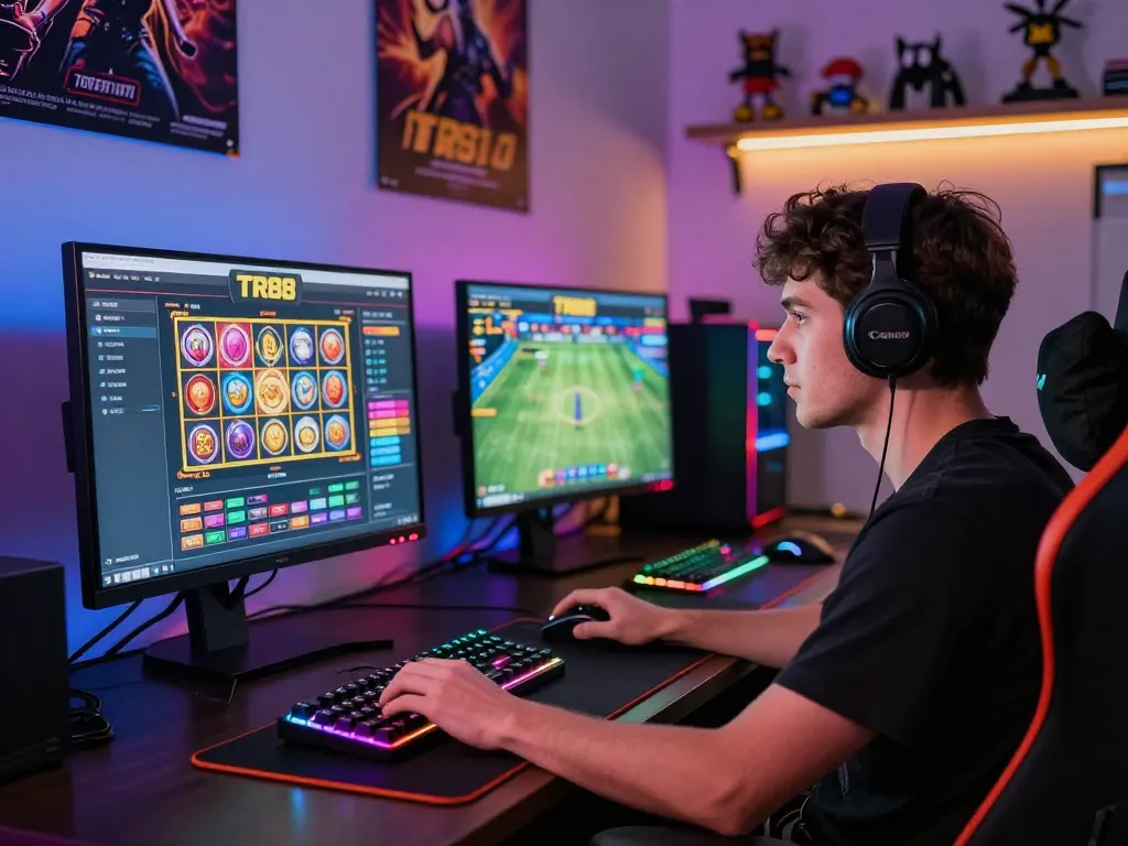 Intense online gaming with TR88 interface, RGB-lit desk, and gaming gear.