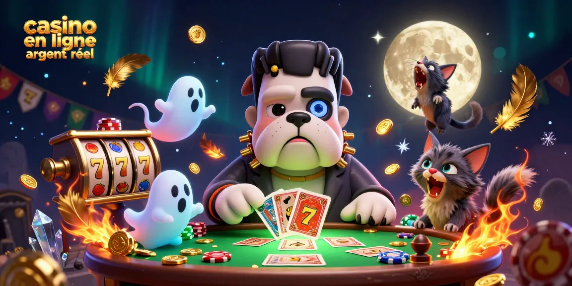 Profitez de l'expérience immersive d'un casino en ligne argent réel avec un bulldog Frankenstein et des éléments de jeu.