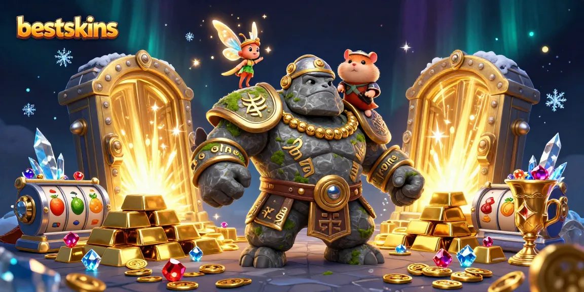 Bestskins showcases a vibrant 3D illustration of a golem guardian, fairy magic, and hamster knight amidst casino treasures.