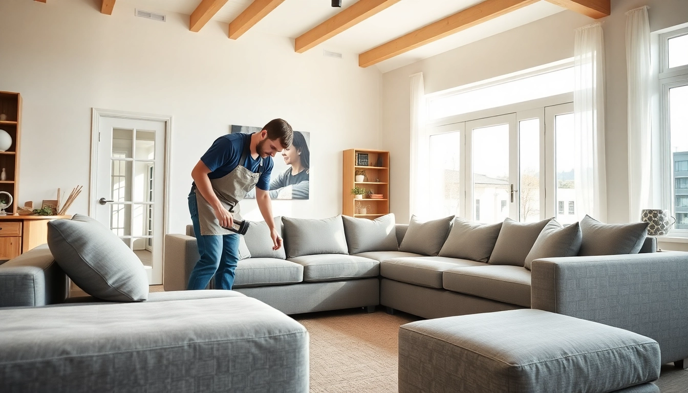 Technicians providing assembly and installation services in a bright living room, enhancing furniture setup.