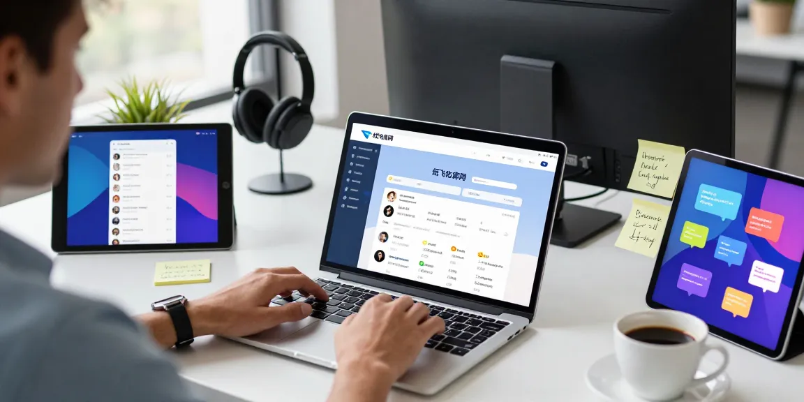 Engaging with 纸飞机官网 on a laptop in a modern workspace, showcasing efficient communication tools.