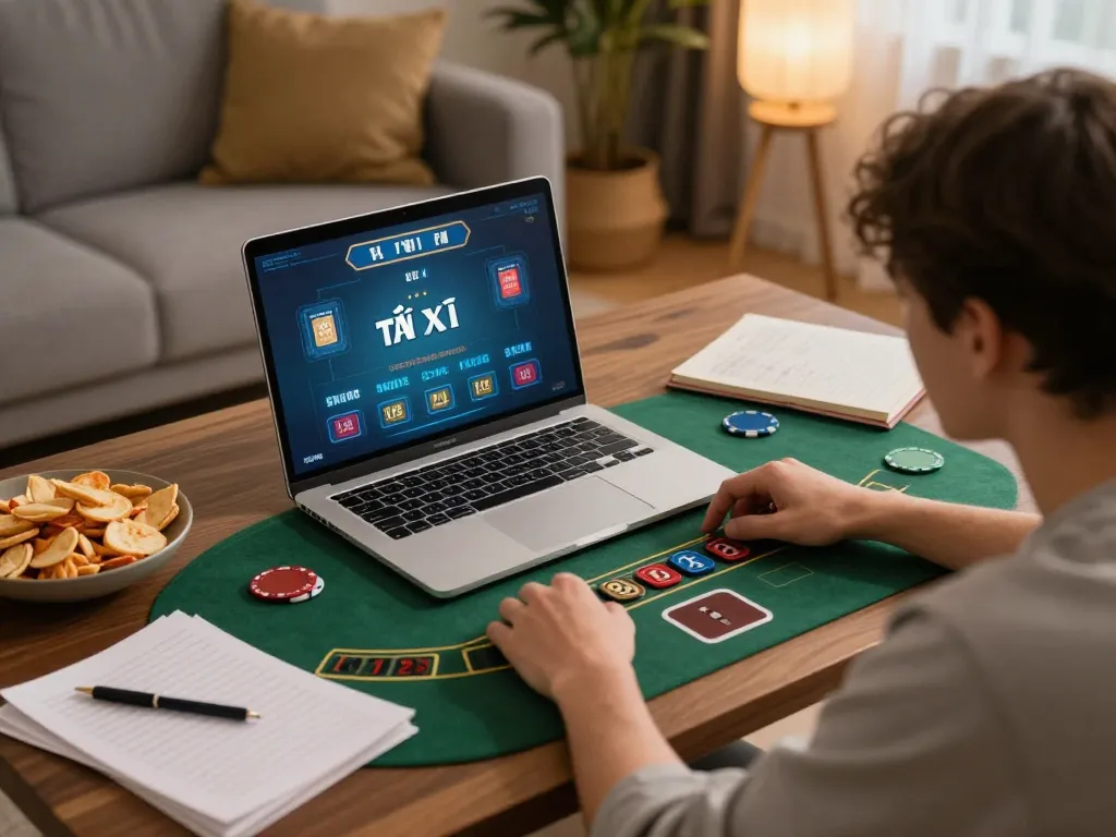 Tài Xỉu player analyzing strategies on laptop while enjoying a cozy home environment
