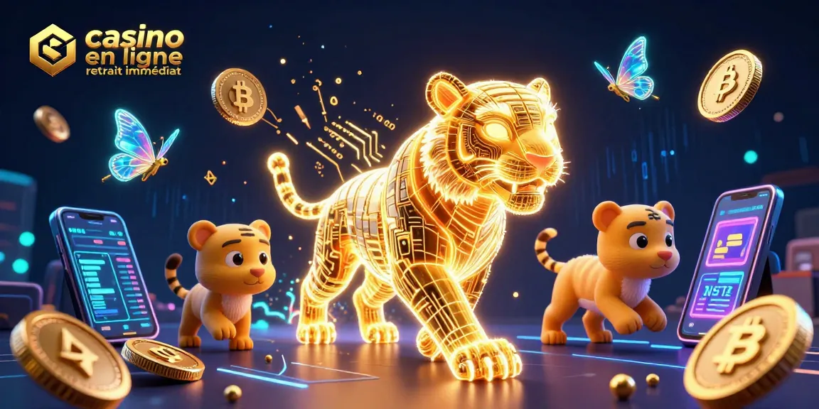 Profitez d'une expérience captivante au casino en ligne avec retrait immédiat, mettant en avant un tigre doré et des éléments numériques.