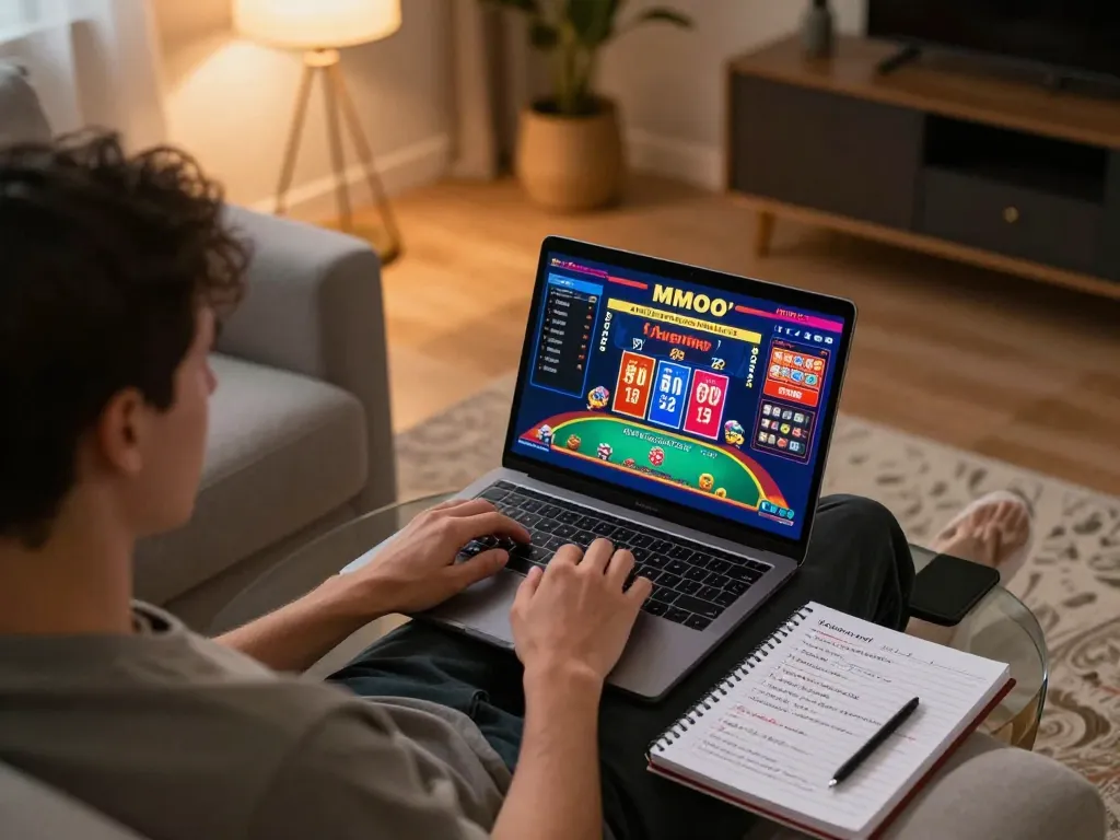 Engaging online gambling session at home with MMOO, showcasing vibrant game interface and strategic notes.