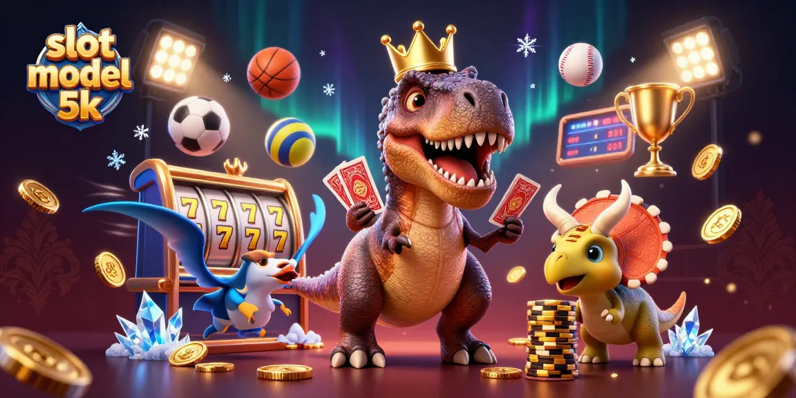 Experience thrilling gameplay with slot modal 5k while T-Rex shuffles cards and triceratops stacks chips.