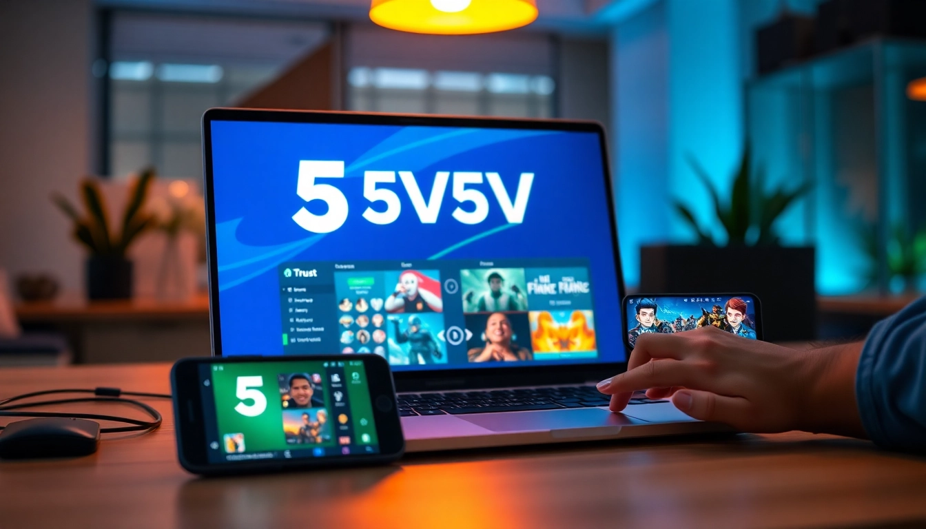 Experience the immersive gaming world of 5V5V on a laptop and smartphone in a modern workspace.
