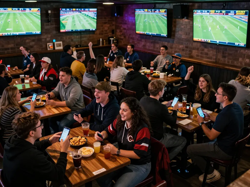 Fans excitedly engaging with trực tiếp bóng đá on mobile devices while watching live matches in a bustling sports bar