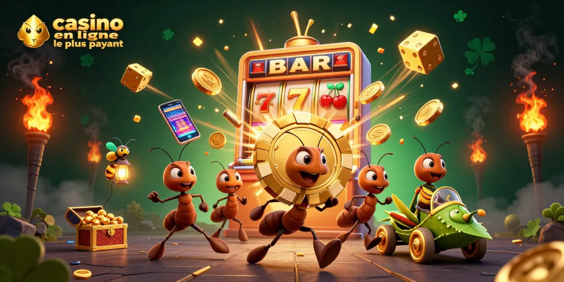Illustration dynamique avec des fourmis transportant une grosse puce de poker, représentant le casino en ligne le plus payant.