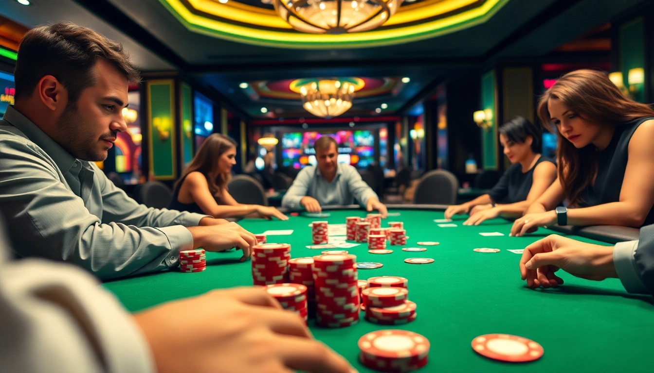 Permainan poker menarik di www.agencetitan.com/en/ dengan pemain yang terlibat dan chip berwarna-warni.