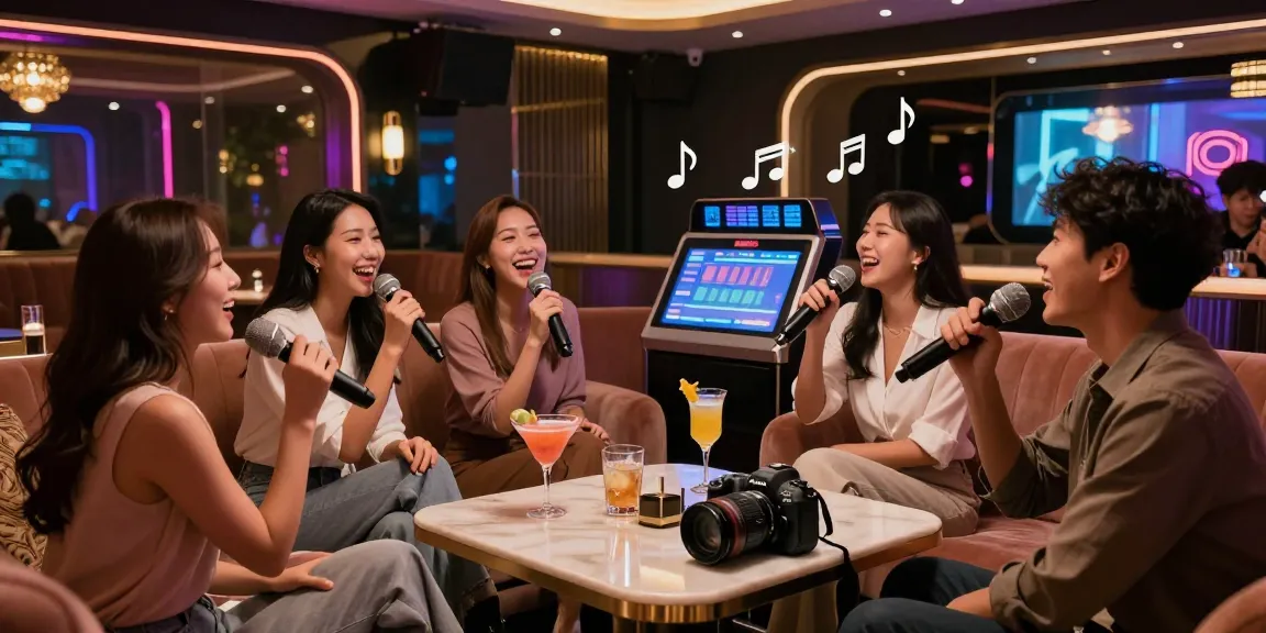 강남쩜오에서 친구들과 함께 즐겁게 노래 부르는 분위기 있는 장면