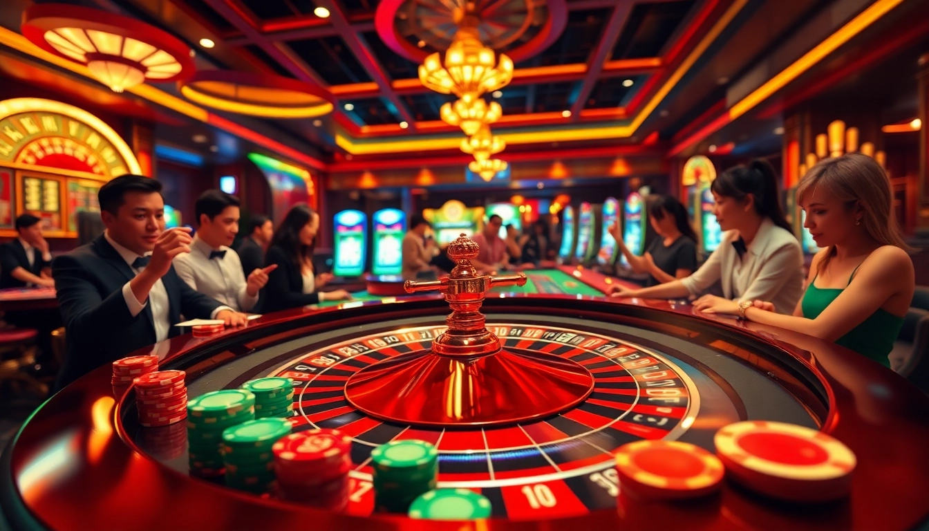 Experience the thrill of gambling at Trang Chủ Go8 with vibrant roulette tables and excited players.