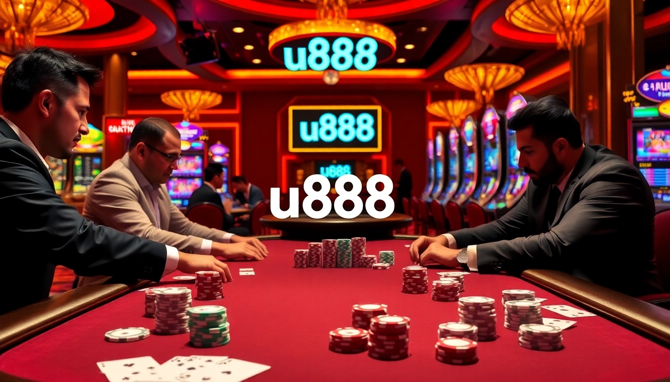 Intense poker action at u888 casino, featuring expert players and vibrant chips.
