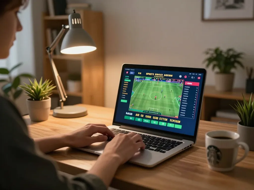 Engaging in sports betting on https://cm888.mobi/ with live odds displayed on laptop in cozy home office.