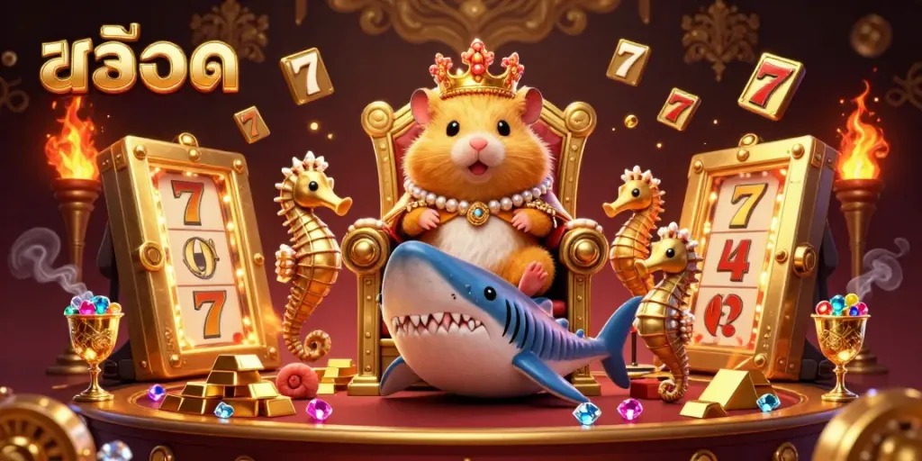 Spin the สล็อต reels with excitement as the golden hamster king reigns in a treasure-filled casino.