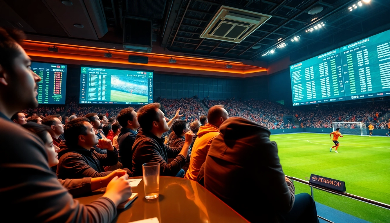 Vibrant sports betting scene showcasing keonhacai with fans engaged during a live football match