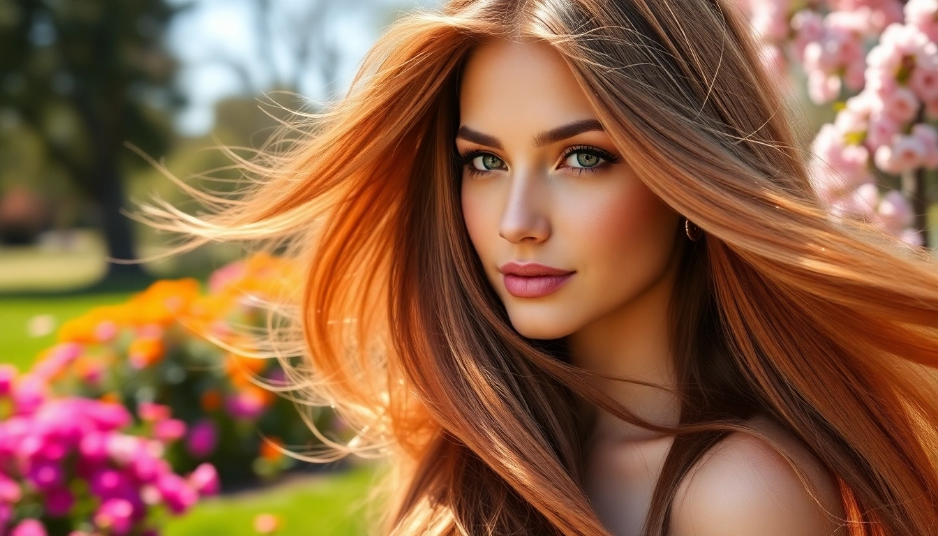 Model flaunting beautiful invisi edge clip in hair extensions in a sunlit park setting.