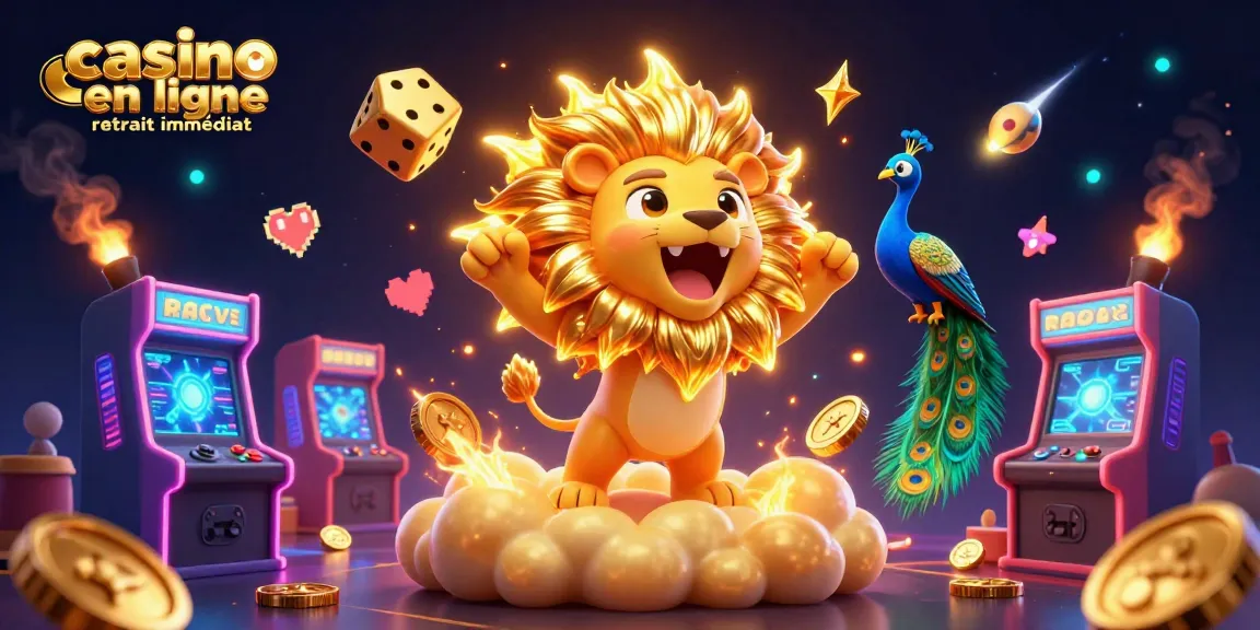 Illustration colorée de casino en ligne retrait immédiat avec un lion, des dés dorés et une ambiance festive.