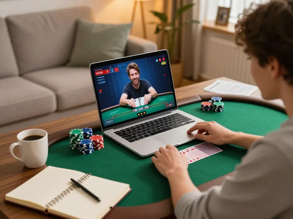 Engaged in playing poker at home via rik88, featuring chips and betting strategies.