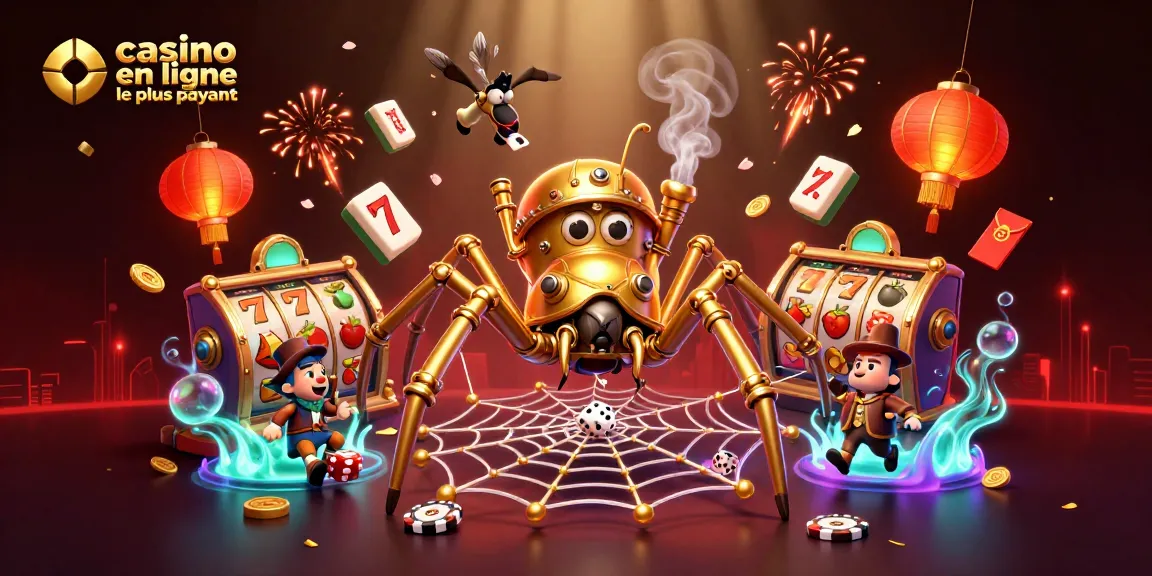 Illustration d'un casino en ligne le plus payant avec une araignée steampunk attrapant des dés malchanceux