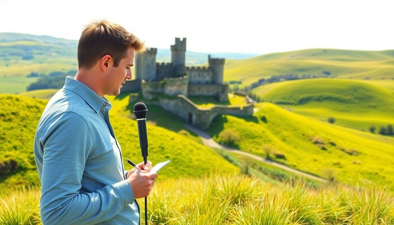 Capture the essence of Wales news at https://diknews.co.uk/wales-news/ with a journalist in a scenic landscape.