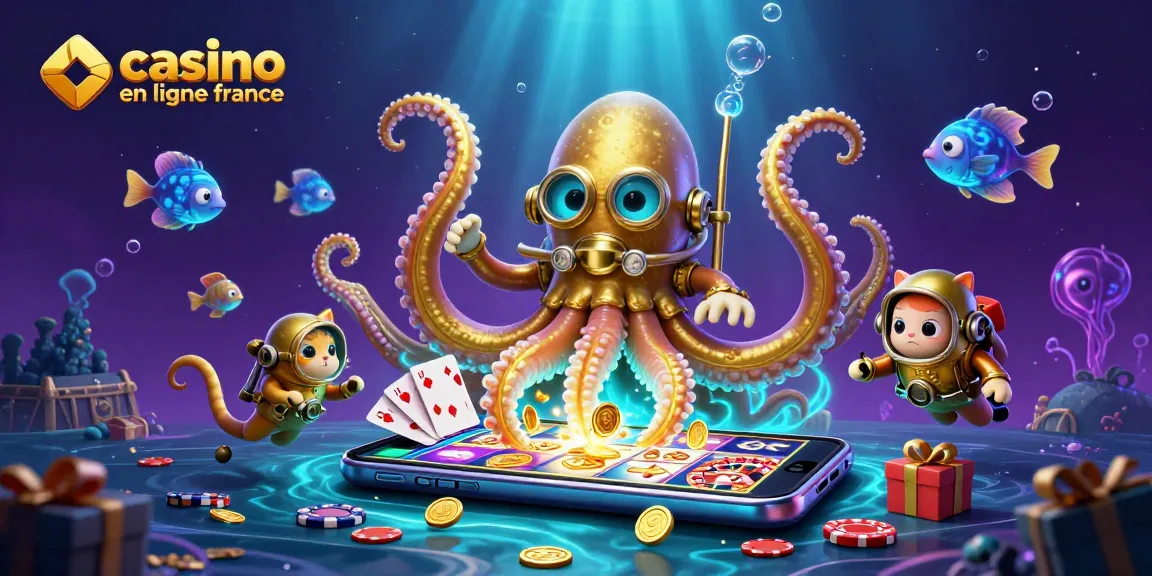 Jouez au casino en ligne France avec des jeux captivants entourés d'un kraken et d'un chat plongeur.