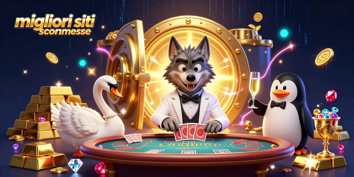 Illustrazione 3D dei migliori siti scommesse, con un lupo elegante a un tavolo di baccarat.
