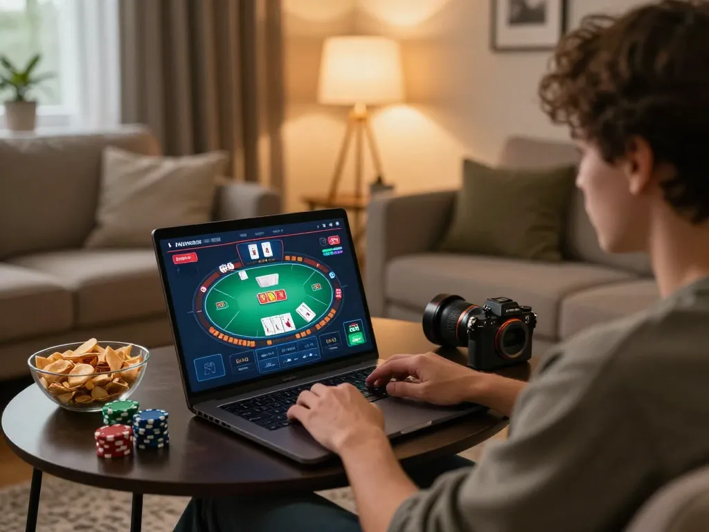 Engaging home gaming scene with GG88 poker interface, highlighting strategic play and inviting atmosphere.
