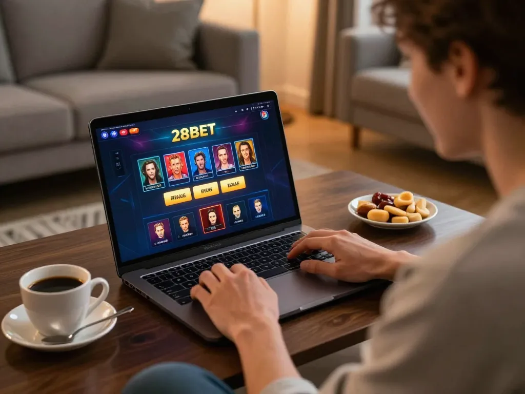 28bet player celebrating a winning moment at an online casino setup in a cozy living room.