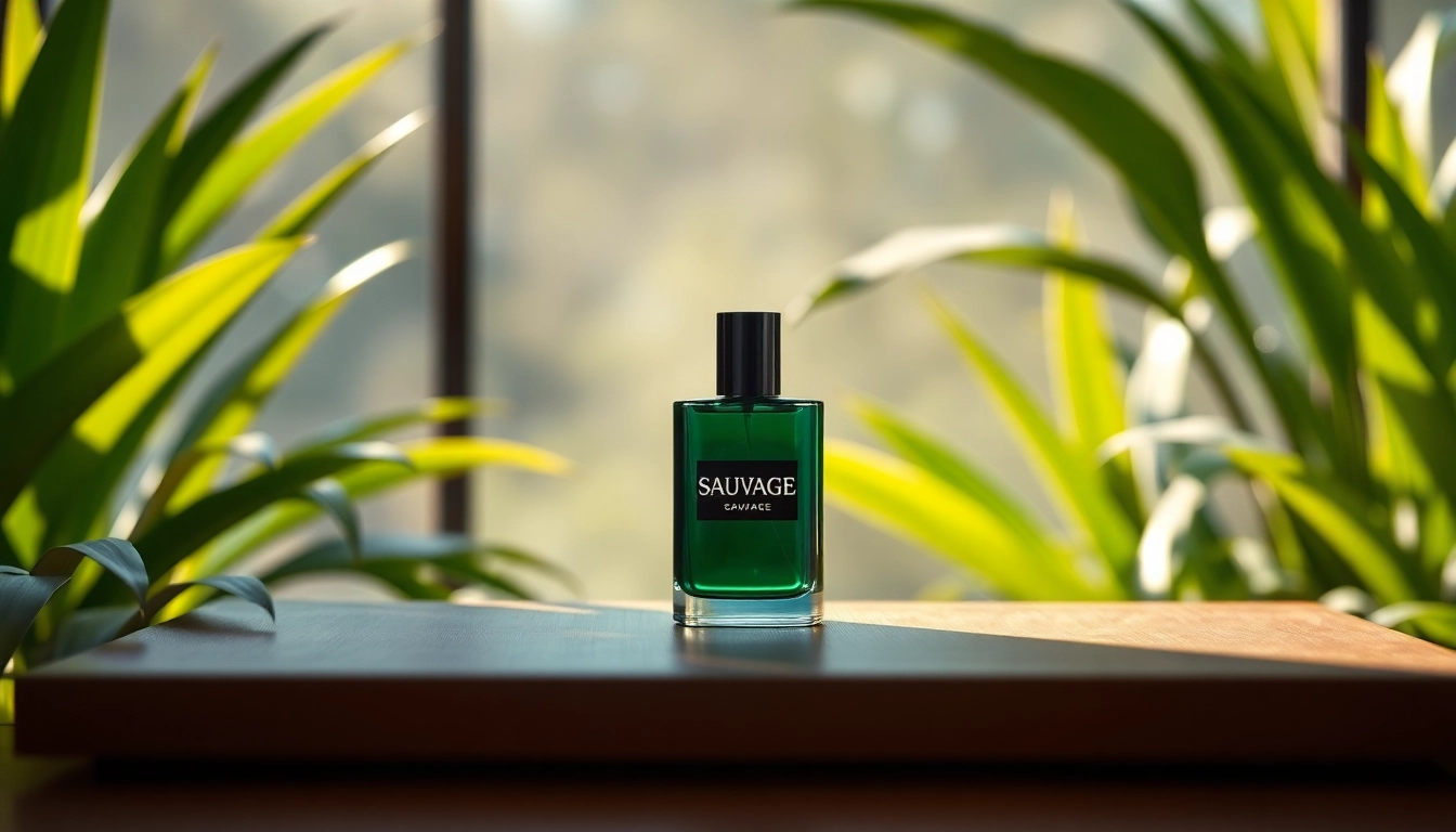 Sauvage fragrance displayed elegantly among greenery, showcasing luxury and adventure.