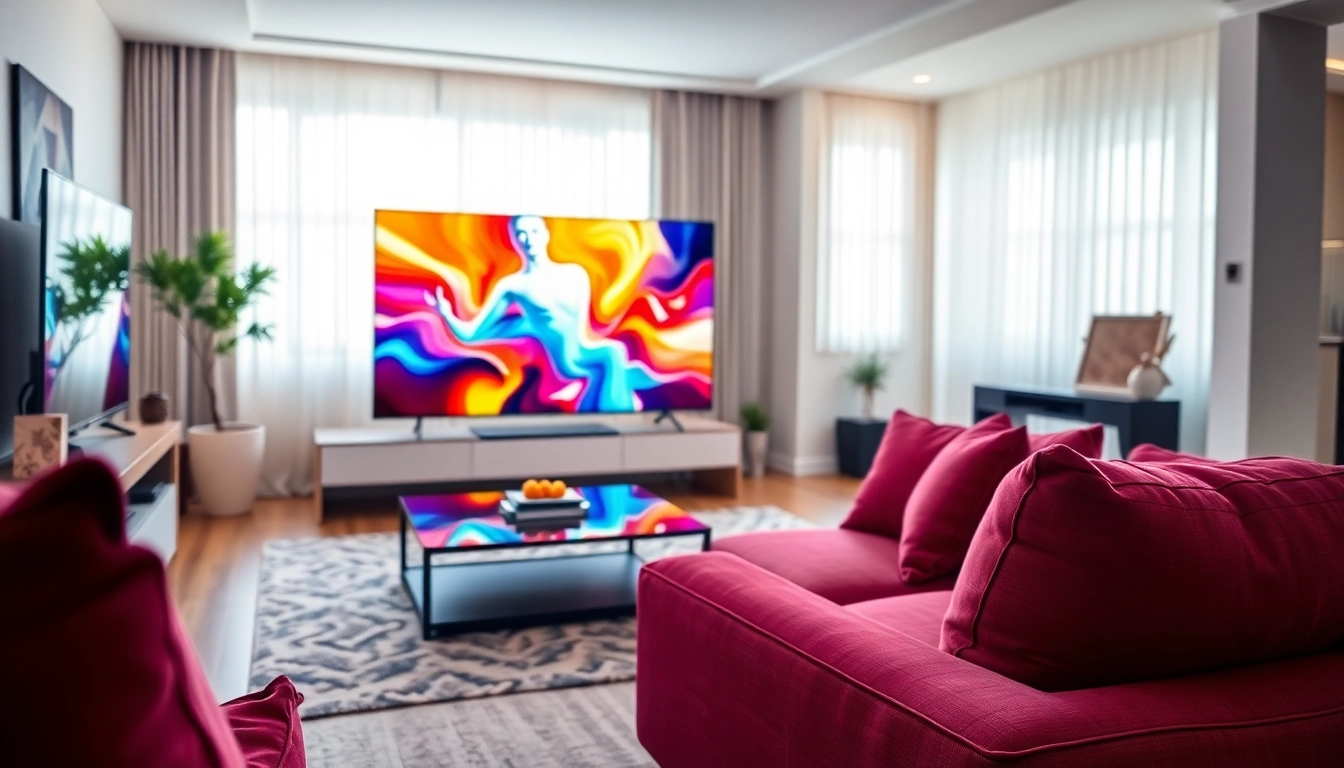 Engaging living room with a stylish TV88 model showcasing dynamic visuals and warm lighting.