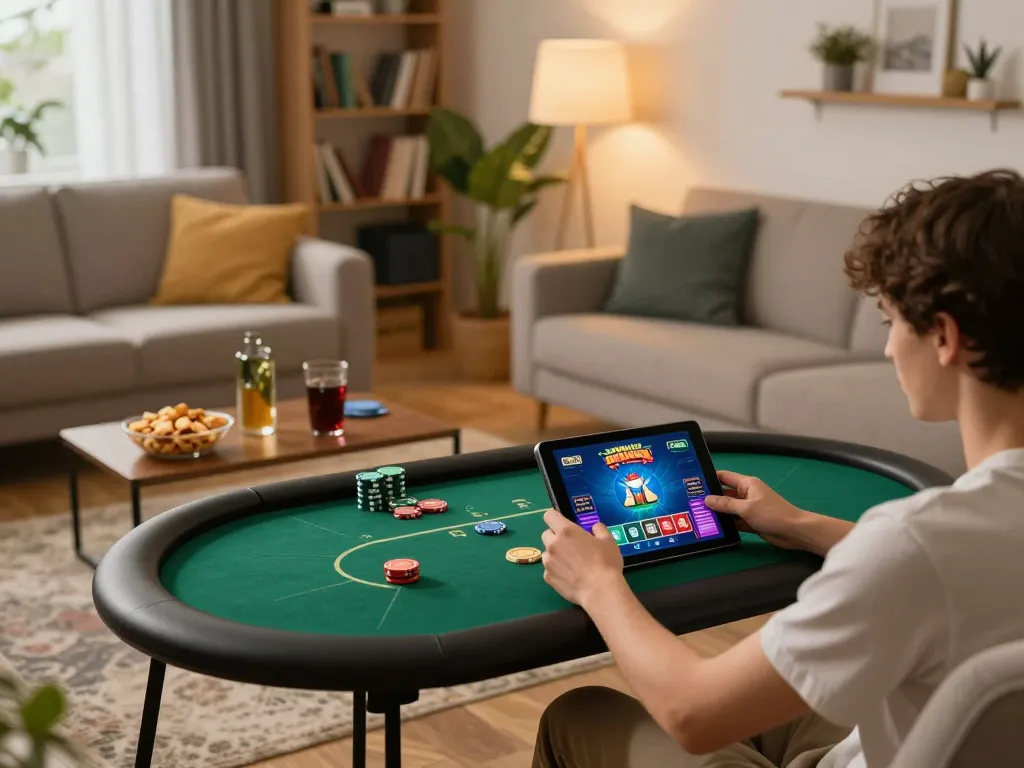 Player enjoying poker on tablet at home, showcasing 79club gaming experience in a cozy setup