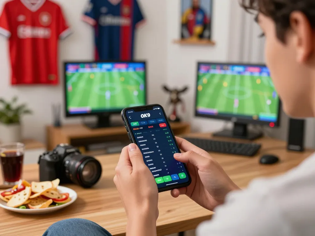Engaged bettor placing bets on OK9's mobile app during a live sports event.