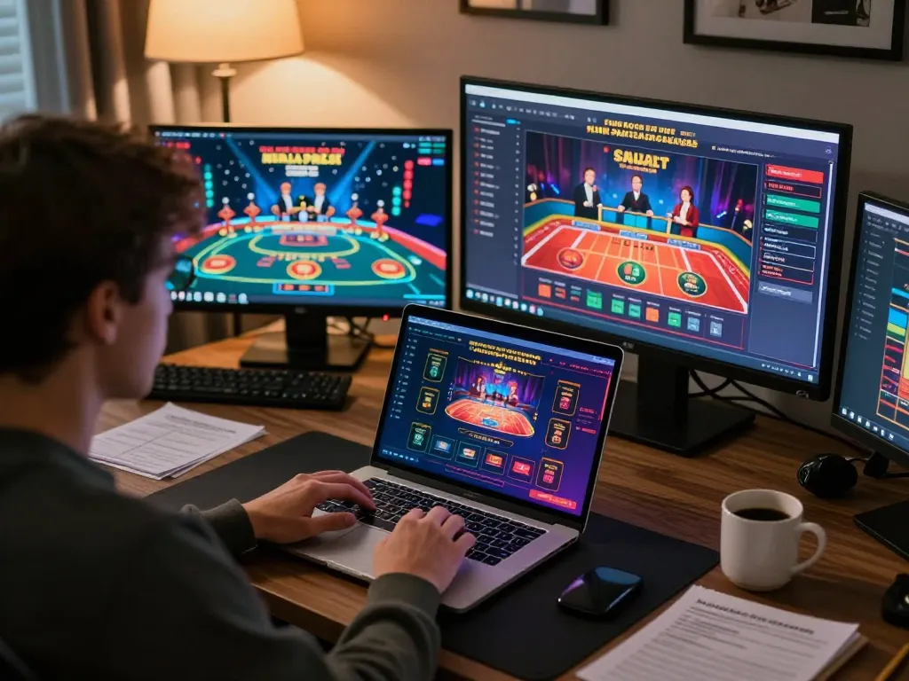 Experience immersive gaming with TG88 on a laptop at a stylish home setup, featuring live dealer games