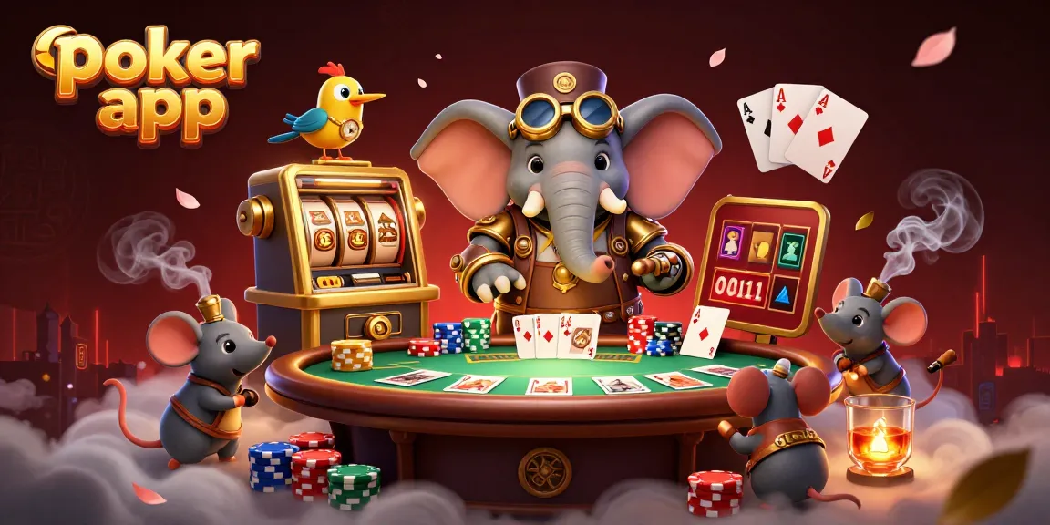 Giocare a poker app con quattro assi e fiches colorate, un elefante steampunk al tavolo