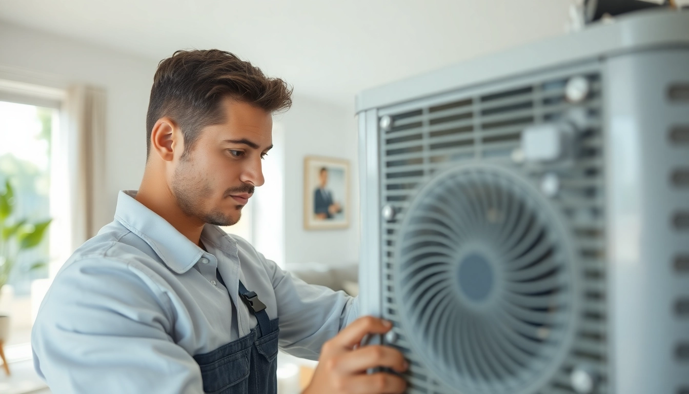 Technician servicing an american standard hvac unit in a bright modern living room.