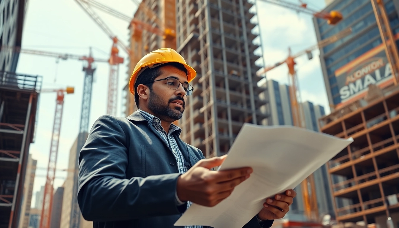 Manhattan Construction Manager analyzing blueprints at a bustling construction site.
