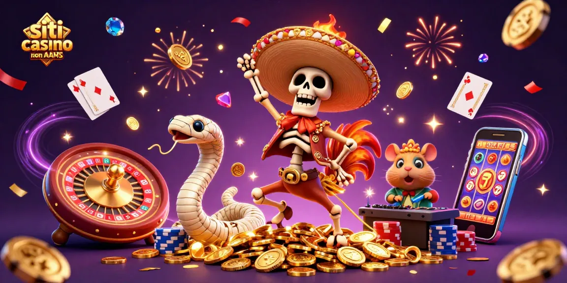 Vivi l'esperienza di 'siti casino non AAMS' con scheletri e tesori scintillanti in un'illustrazione festosa.