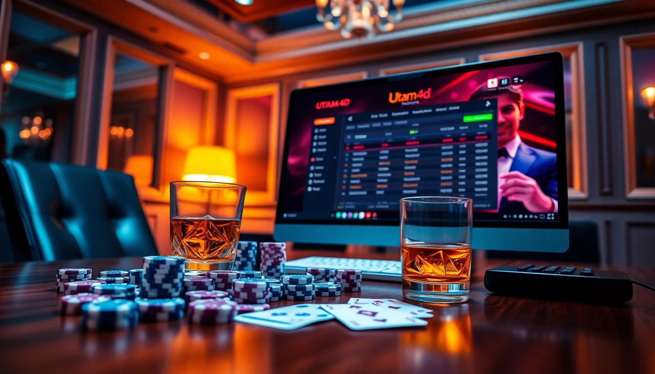 Menggugah penjudi dengan antarmuka taruhan online Utama4D di tengah chip poker mewah dan wiski.