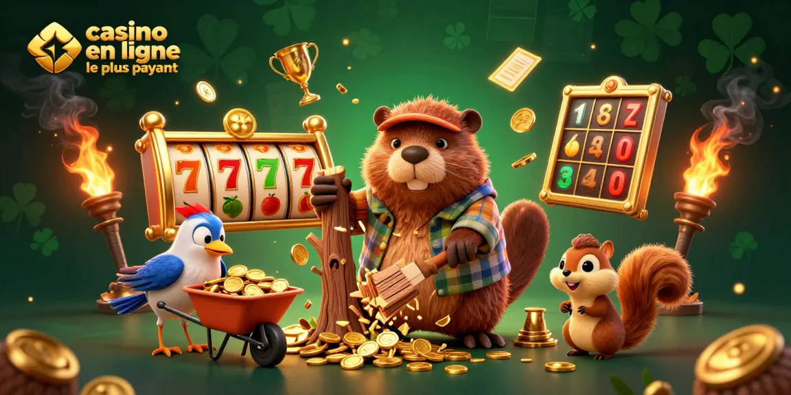 Le casino en ligne le plus payant avec un castor, un oiseau et un écureuil entourés de pièces d'or et de machines à sous.