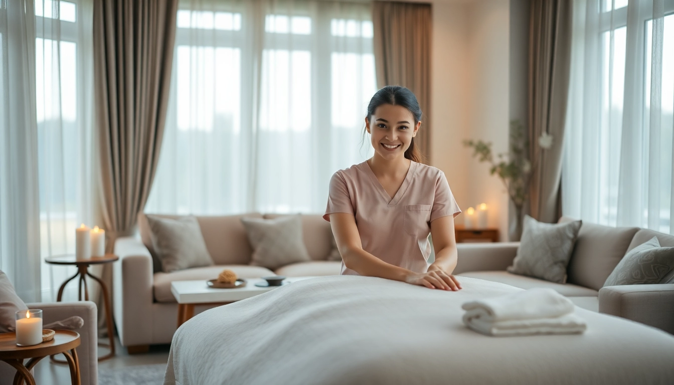 Professional female therapist preparing a 출장마사지 in a serene, warmly lit living room.