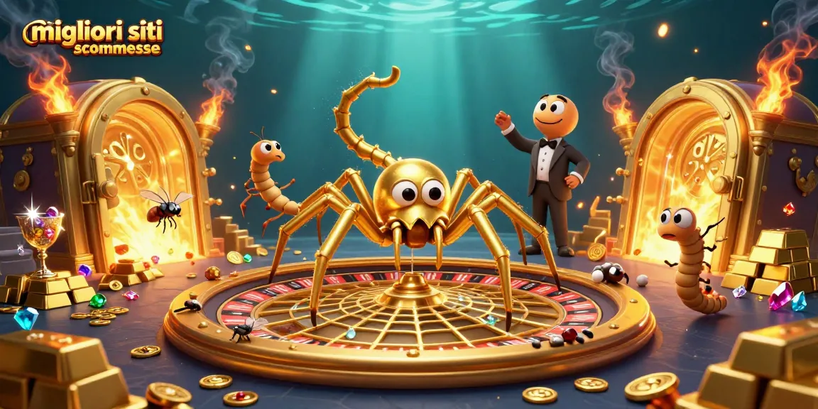 Scopri i migliori siti scommesse con un ragno d'oro e un croupier centopiedi in un'illustrazione vivace.