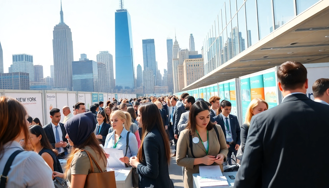 Engaged job seekers exploring opportunities for jobs new york at a bustling career fair.