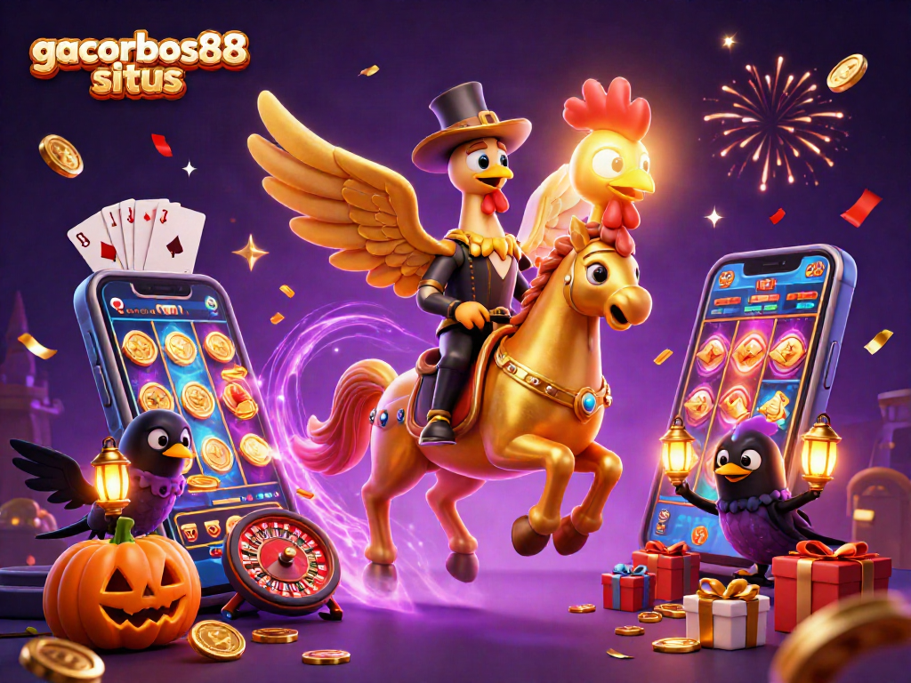 Experience the excitement of gacorbos88 situs with a golden rooster and vibrant casino elements.