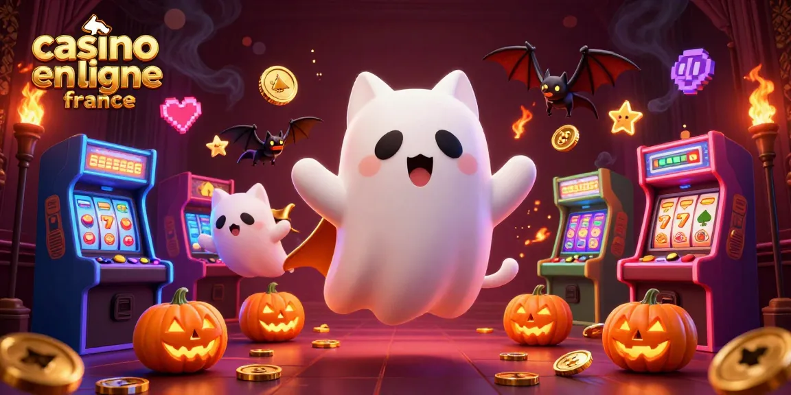 Une scène animée de casino en ligne France avec un chat fantôme et des jack-o-lanterns.