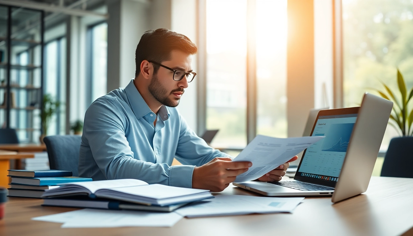 Consultant analyzing documents for FCPA/DCAA/Flowdown/ITAR/EAR compliance in a bright office