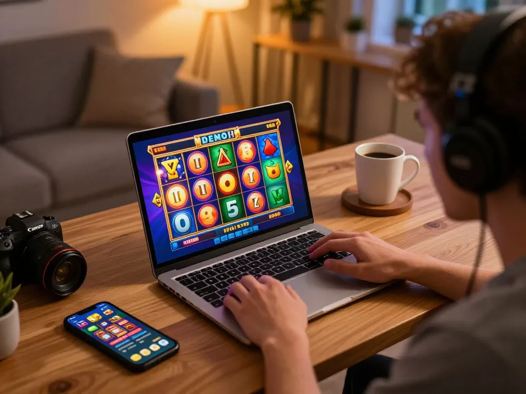 Player enjoying demo slot games on a laptop in a cozy home office.